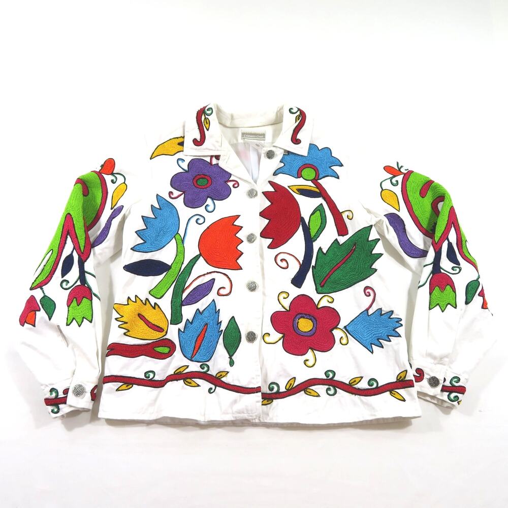 Coldwater Creek Chainstitched Floral Bird Theme Colorful White Jacket Sz M